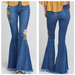 Show Me Your MuMu Blue Flare Jeans with Floral Embroidery